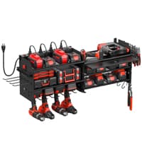CCCEI Modular Power Tool Organizer Wall Mount with Charging Station. Garage 4 Drill Storage Shelf with Hooks, Screwdriver, Drill Bit Heavy Duty Rack, Tool Battery Holder Built in 8 Outlet Power Strip.
