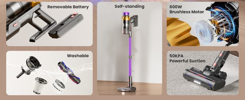 Cordless Vacuum Cleaner, 600W 50KPA 70 Mins Vacuum Cleaners for Home, Self-Standing Cordless Vacuum with Charging Dock Station, LED Display, Upgraded Anti-Tangle Stick Vacuum for Pet Hair/Carpet/Floor