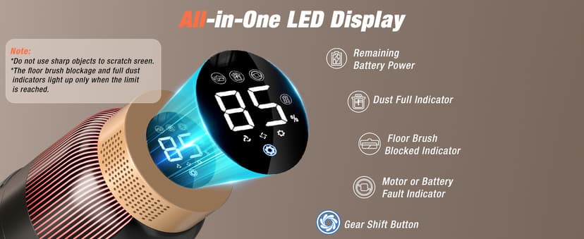 Cordless Vacuum Cleaner, 580W 48KPA 70 Mins Vacuum Cleaners for Home, Self-Standing Stick Vacuum with Touch Screen, Wall Mount Charge, Ultra High-Power Brush for Pet Hair/Plush Carpet/All Floor