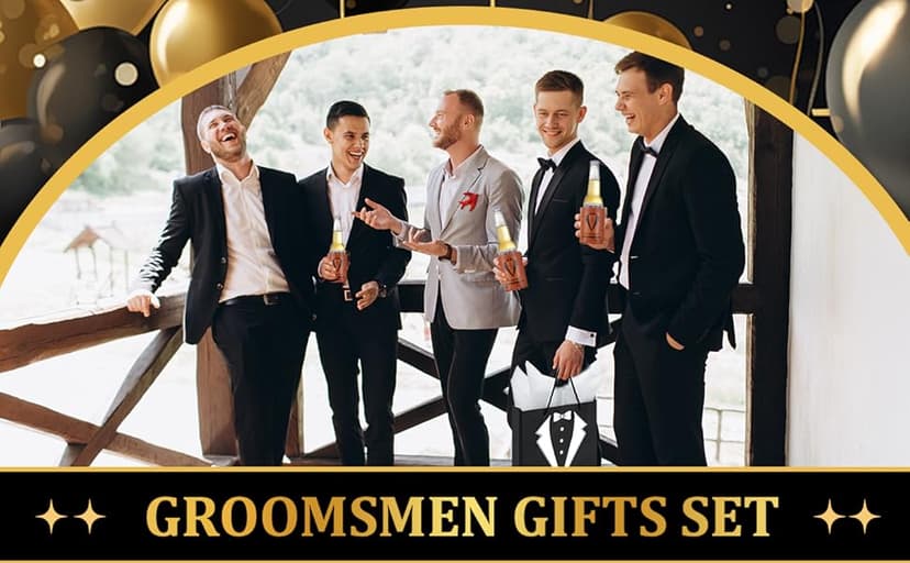 60Pcs Groomsmen Gifts Groomsmen Proposal Box with Shot Glasses Socks Sunglasses PU Leather Toiletry Bag Bottle Opener Can Cooler Groomsman Gifts for Wedding Groomsmen Best Man Gift (60, Brown)