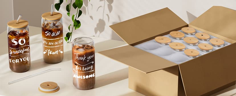 12 Set Employee Appreciation Gifts, Inspirational Thank You Gift for Team, Teacher, Nurse, Coworkers, Employees, Staff - Employee Christmas Gifts, 20oz Glass Cups with Lids and Straws (Mixed)