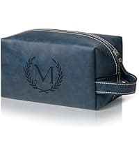 Mens Toiletry Bag Personalized Easter Fathers Day Birthday Gifts for Men Him Initial PU Leather Waterproof Shaving Bag for Toiletries Accessories Travel Essential for Dad Husband Boyfriend (M)