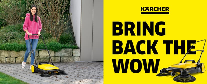 Kärcher Walk Behind Outdoor Push Sweeper S 4 Twin for Workshops, Warehouses or Garages - 5X Faster Than a Push Broom, 5.25 Gallon Capacity, 26.8" Sweeping Width