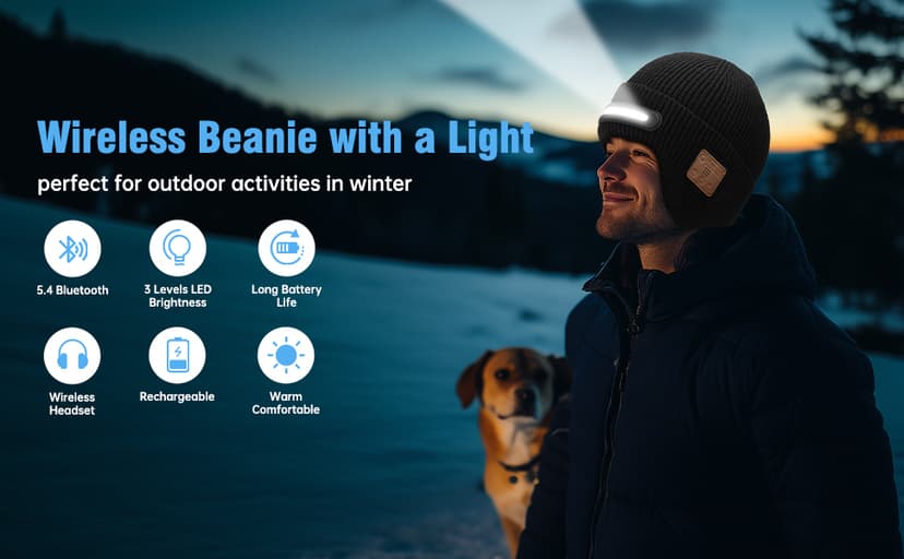 Bluetooth Beanie with Light, Headlamp Hat with Headphones and Built-in Speaker Mic, Unique Christmas Gifts for Men Husband