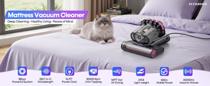Mattress Vacuum Cleaner 550W 18KPa Bed Vacuum Cleaner with Smart Dust Sensor, UV-C Light, 149°F Heat, HEPA Filter, Handheld for Bed Sofa Couch