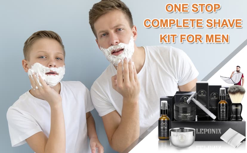 Shaving Kit for Men, Include Safety Razor, Sandalwood Cream, Aftershave, Pre Shave Oil, Shaving Brush and Bowl, Shaving Apron Bib -Unique Gifts for Him Stocking Stuffers