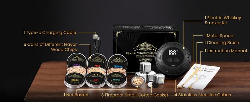 Electric Whiskey Smoker Kit, CHERRYQUEEN Old Fashioned Smoker Kit, Built-in Lighter & Ambient Light, 4 Reusable Ice Cubes 6 Wood Chips, Gifts for Men Dad Husband Whiskey Lovers (Birthday/Christmas)