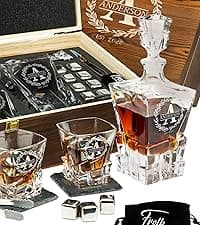 Personalized Whiskey Decanter and Stones Set - Customized Gift for Him - Men, Dad, Father - Engraved Twisted Decanter,2 Twisted Glasses, 2 XL Chilling Balls, Coasters, Tongs in Wooden Gift Box