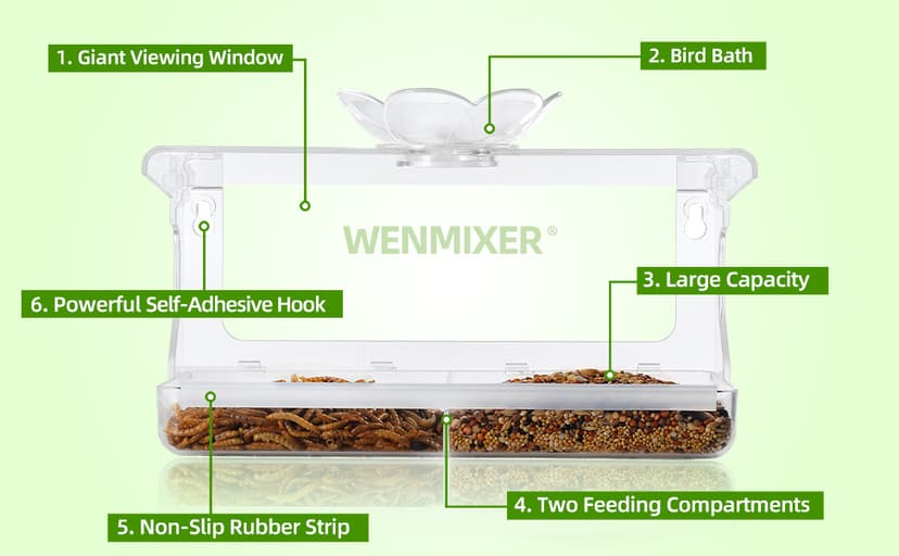 Window Bird Feeder with Non-Marking Self-Adhesive Hooks, Clear and Transparent, Outdoor Wild Bird Watching Gift, Garden Decor (Standard)