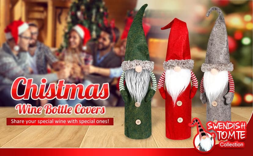 D-FantiX Christmas Gnomes Wine Bottle Cover, Handmade Swedish Tomte Gnomes Wine Toppers Santa Claus Bottle Bags with Drawstring Style Holiday Home Christmas Decorations Gift 3 Pack