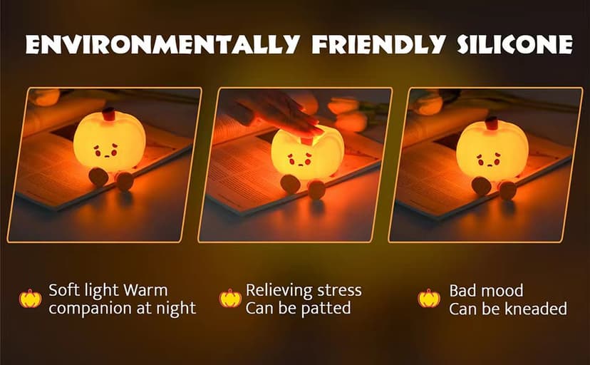 Pumpkin Night Light, Cute LED Lamp, Silicone Dimmable Nursery Nightlight for Kids, Silicone Rechargeable Bedside Touch Lamp, Funny Office Desk and Halloween Decor for Woman and Kids