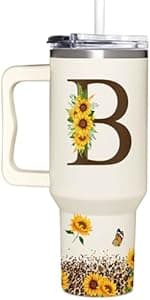 Personalized Birthday Gifts For Women - Sunflower Gifts For Women, Mom - Christmas Gifts For Womens, Mother's Day Gift For Mom, Boss - Monogrammed, Initial Tumbler Handle 40oz W Lids & Straws, K