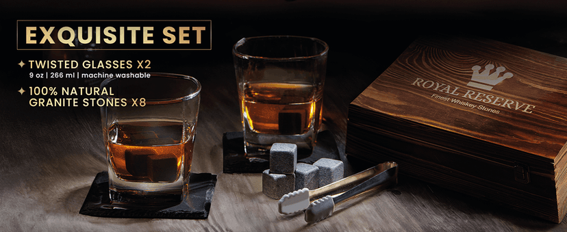Whiskey Stones Gift Set by Royal Reserve, Artisan Crafted Scotch Bourbon Glasses, Chilling Rocks, Coasters and Tongs – Whiskey Gifts for Men Dad Boyfriend Anniversary or Retirement