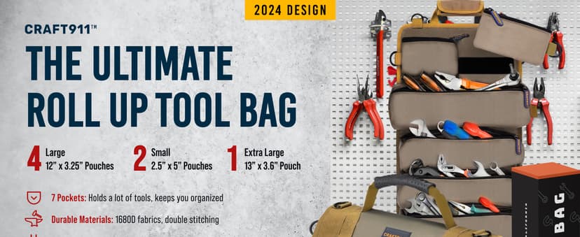 TOUGHEST Roll Up Tool Bag Organizer - 7 Pouches (3 Detachable) Compact Portable Tool Storage Box - 1680D Waterproof Small Tool Bag for Car - Gifts for Dad Mechanic Electrician