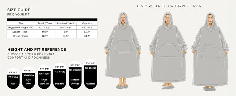 Bedsure Wearable Blanket Hoodie, Long Hooded Blanket Sweatshirt as Birthday Gifts for Women, Cozy Sherpa Hoodie for Adult, Standard, Grey
