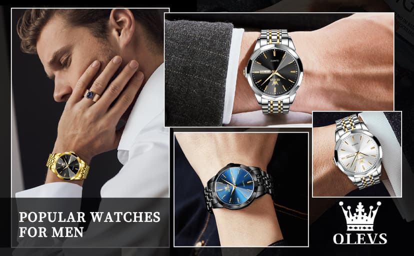 OLEVS Watch for Men Diamond Business Dress Analog Quartz Stainless Steel Waterproof Luminous Date Two Tone Luxury Casual Wrist Watch
