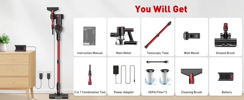 Cordless Vacuum Cleaner, 45KPA 8-in-1 Vacuum Cleaners for Home, 50Mins Runtime, Anti-Tangle Stick Vacuum with LED Display, Rechargeable Lightweight Vacuum for Pet Hair/Carpet/Floor (Red) (Red)