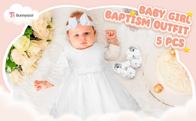 5 Pcs Baby Girl Baptism Outfit Includes Lace Christening Dresses Bowknot Headwear Cross Charm Bracelet Socks Shoes