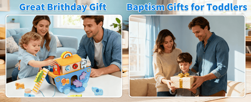 Wooden Noah's Ark Toy with Animal Shape Sorter,Baptism Gifts for 1 2 3 4 Years Old,Montessori Toys for Toddlers,Baptism Gifts for Boys and Girls,24 Months Babies