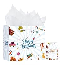 Black Birthday Gift Bag with Tissue Paper and Greeting Card, 13'x10.2'x4.9', Medium (1-Piece Set, Black Starry Sky, Unisex, Includes Card, Ribbon, Crinkle Paper)