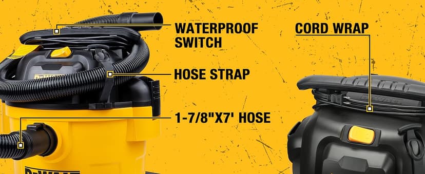 DEWALT Shop Vacuum 6 Gallon 4HP Poly Wet Dry Vacuum Ultimate Cleaning Solution for Construction Workshop Environments for Jobsite Garage Home W/Inflation Ket, Yellow, DXV06PL