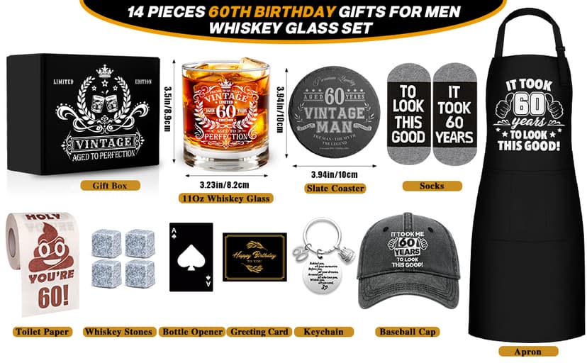 60th Birthday Gifts for Men Whiskey Glass Set, 60th Birthday Party Supplies with 11 Oz Whiskey Glass Coaster Stone Baseball Cap Apron Sock Funny Toilet Paper Keychain for Him, Dad, Husband, Friends
