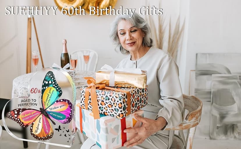 60th Birthday Gifts for Women Men, Acrylic Heart Cake Topper Birthday Decorations Presents, 60 Year Old Bday Gifts for Mom, Aunt, Grandma, Sister, Best Friends, Wife, Her