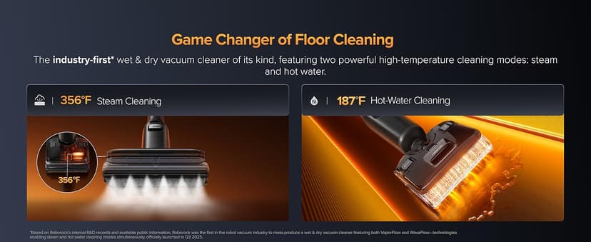 roborock F25 Ultra Steam Wet Dry Vacuum Cleaner, 356°F Steam Mop & 187°F Hot Water Cordless Vacuum Mop All in One, Floor Washer with Blue Light, 194°F Self-Cleaning, 180° Lay-Flat, AI Assitant Wheels