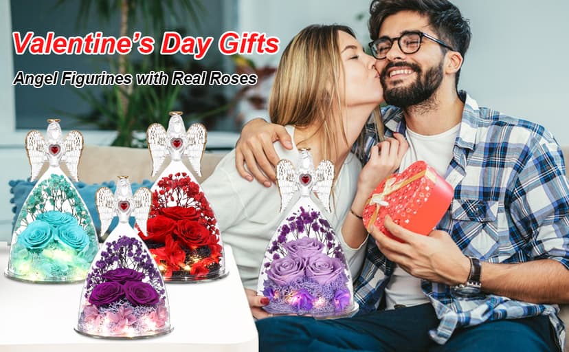 Mothers Day Rose Gifts for Women, Large Angel Figurines with Real Roses, Preserved Real Flower Rose for Her - Red