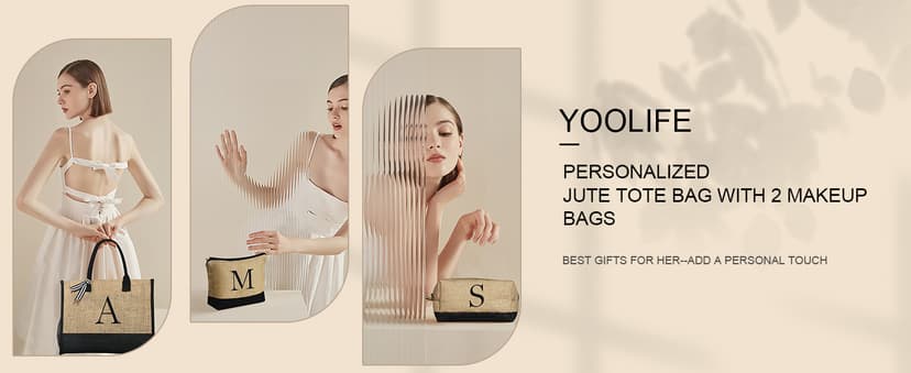 YOOLIFE Christmas Gifts for Women - Initial Jute Tote Bag & 2 Makeup Bags Personalized Gifts for Women Teacher Mom Friend