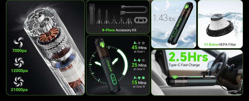 Car Vacuum Portable Cordless, 21KPa 4-in-1 Handheld Mini Vacuum Cleaner with 8 Attachments, 3 Suction Modes, One-Touch Empty, Type-C Charge, Hand Vacuum for Car, Home, Keyboard, Small Job