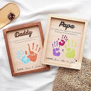 10" Hands Down Best Dad Ever DIY Handprint Kit with Acrylic Paint, Art Craft Family Keepsake Wood Frame Dad Keychain Birthday Father's Day Gift for Daddy, Papa Family Sign with Kids Names HF90-D