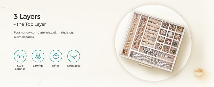 SONGMICS Jewelry Box Organizer with Glass Lid, 3-Layer Jewelry Storage, with 2 Drawers, Modern Style, Christmas Gift, 8 x 9.1 x 5.3 Inches, Cloud White and Gold Color UJBC239WT