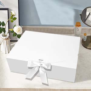 10 PCS Gift Boxes with Lids, 10.6x7.8x3.1 Inch Kraft Paper Gift Box, White with Ribbon, Bridesmaid Proposal Box for Wedding, Packaging, Present, Birthday, Cupcake