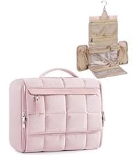 BAGSMART Travel Toiletry Bag, Lightweight Large Wide-open Travel Bag for Women, Puffy Cosmetic Makeup Bag Organizer with Handle for Accessories,Essentials, Toiletries, Dark Pink