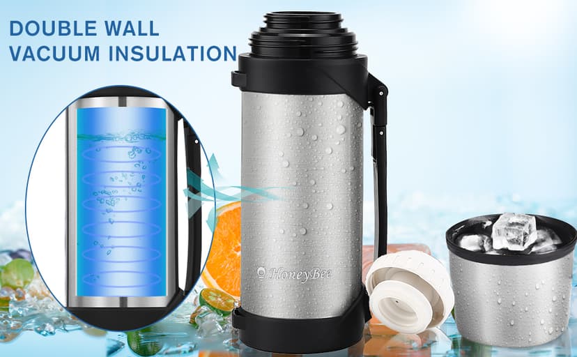 HoneyBee 41 Ounce,Vacuum Insulated Bottle,Coffee Thermos,Thermos for Hot Drinks. Twist and Pour TopThermos & Cleaning Brush. Commute, Travel, and Picnic Friendly Portable.Bpa-Free .(Silver)