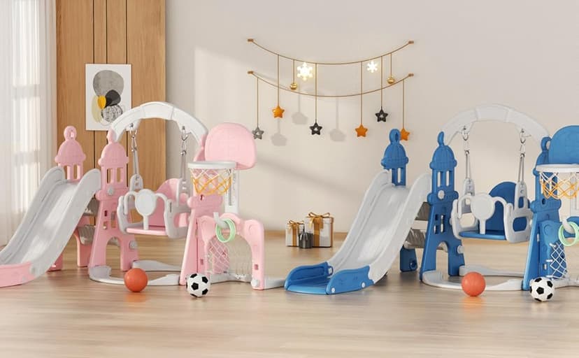 XJD 6-in-1 Toddler Slide and Swing Set, Kids Slide for Toddlers Age 1+, Toddler Outdoor Playset with Basketball Hoop, Football Frame, Swing, Outdoor Indoor Playground for Toddlers 1-3 (Pink)