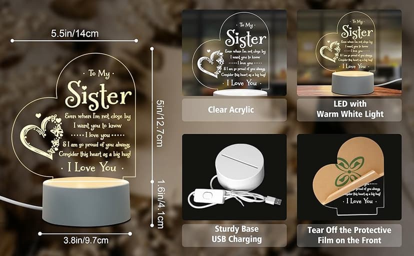Afterprints Sister Gifts - to My Sister Night Light, Sister Birthday Gifts, Sisters Gifts from Sister Brother on Graduation, Wedding, Christmas, Engraved Night Lamp