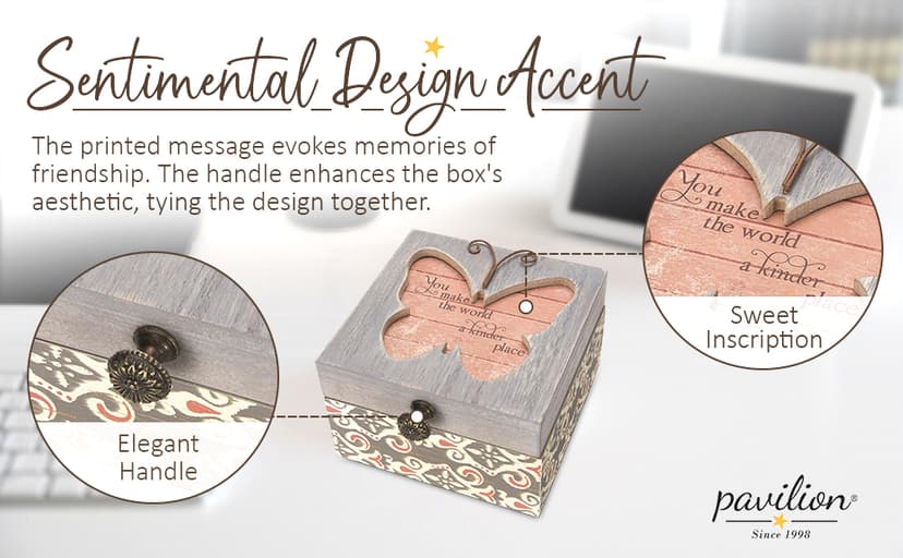 Pavilion 'Simple Spirits Butterfly' 41102 - Wooden Hinged Keepsake Box with Patterned Design and Printed Message for Friends and Loved Ones, Storage for Cosmetic, Trinkets, and Jewelry