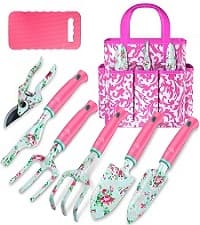 Garden Tools Set, JUMPHIGH 10 Pieces Gardening Tools with Floral Print, Ergonomic Handle Trowel Rake Weeder Pruner Shears Sprayer, Garden Hand Tools with Carrying Case Gardening Gifts for Women Father