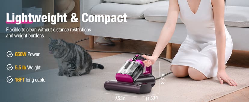 Mattress Vacuum Cleaner, 17Kpa 650W Bed Vacuum Cleaner, 273nm UV-C Light & Ultrasonic 145°F Heating, 80000 RPM/Min Brushroll Rotation, Wide Suction Port for Pillows Cribs Sofa, Black Corded