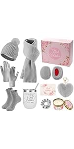 Patelai 11 Pcs Birthday Basket Gifts Set for Women Knitted Winter Beanie Hat Gloves Scarf Earmuff Tumbler Candle Fleece Socks