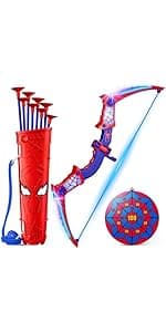 Spider Toys for Boys Age 3-4 4-6 6-8 8-12, Kids Toy BowArrow Shooting Set with Red & Blue LED Lights, Spider Quiver & Web Target, 8 Suction Cup Arrows, Toys Gifts for 3 4 5 6 7 8 9 10 12 Year Old Boys