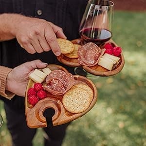 PICNIC TIME Wine Appetizer Plates, Set of 4 Wooden Cocktail Plates with Glass Holder, Mini Charcuterie Boards for Wine and Cheese Parties, Acacia Cheese Board Serving Trays (Oval - Acacia Wood)