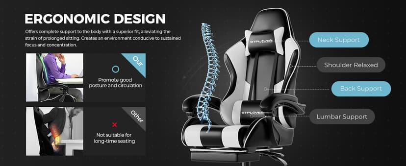 GTPLAYER Gaming Chair, Computer Chair with Footrest and Lumbar Support, Height Adjustable Game Chair with 360°-Swivel Seat and Headrest and for Office or Gaming (White)