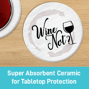 Coasters for Drinks Absorbents with Holder - 6 Pcs Gift Set with 6 Funny Sayings for Wine Lovers - Ceramic Stone with Corked Back, Unique Present for Housewarming, Living Room Decor