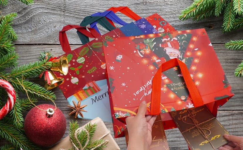 Heetobcos 12 Pack Christmas Gift Bags Large Reusable Tote Bags, Non-Wove Bags for New Year's Shopping, Christmas Surprise, Xmas Party Supplies,12.8"×9.8"×6.7"