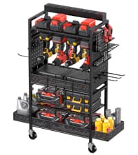 CCCEI Modular Power Tool Organizer Wall Mount with Charging Station. Garage 4 Drill Storage Shelf with Hooks, Screwdriver, Drill Bit Heavy Duty Rack, Tool Battery Holder Built in 8 Outlet Power Strip.