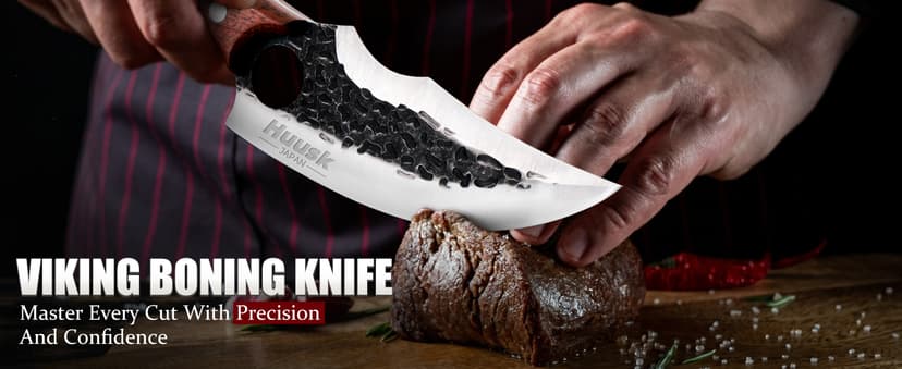 Huusk Butcher Knife Set Hand Forged Serbian Chef Knife Viking Boning Knife Cleaver Knife 3PCS Kitchen Knife Set for Meat Cutting Home & Outdoor Cooking BBQ Knives Gift for Men