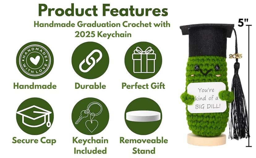 Graduation Gifts 2025 – Big Dill Crochet Pickle with Stand & Keychain | Handmade Grad Gift for High School, College, University, Nurses, PhD. Gifts for Her